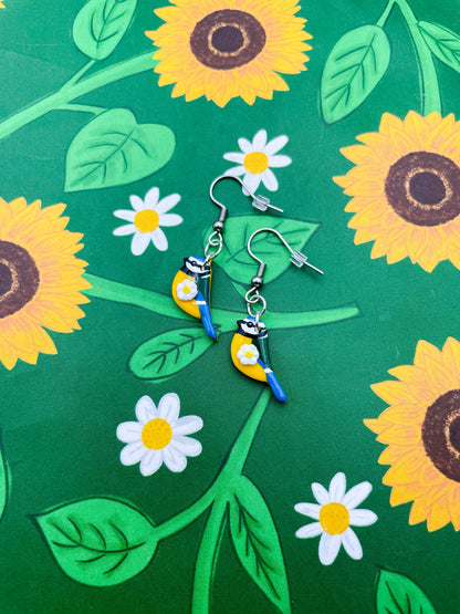 Small Yellow and White Daisy and Blue Tit Earrings or Necklace – Hypoallergenic Stainless Steel