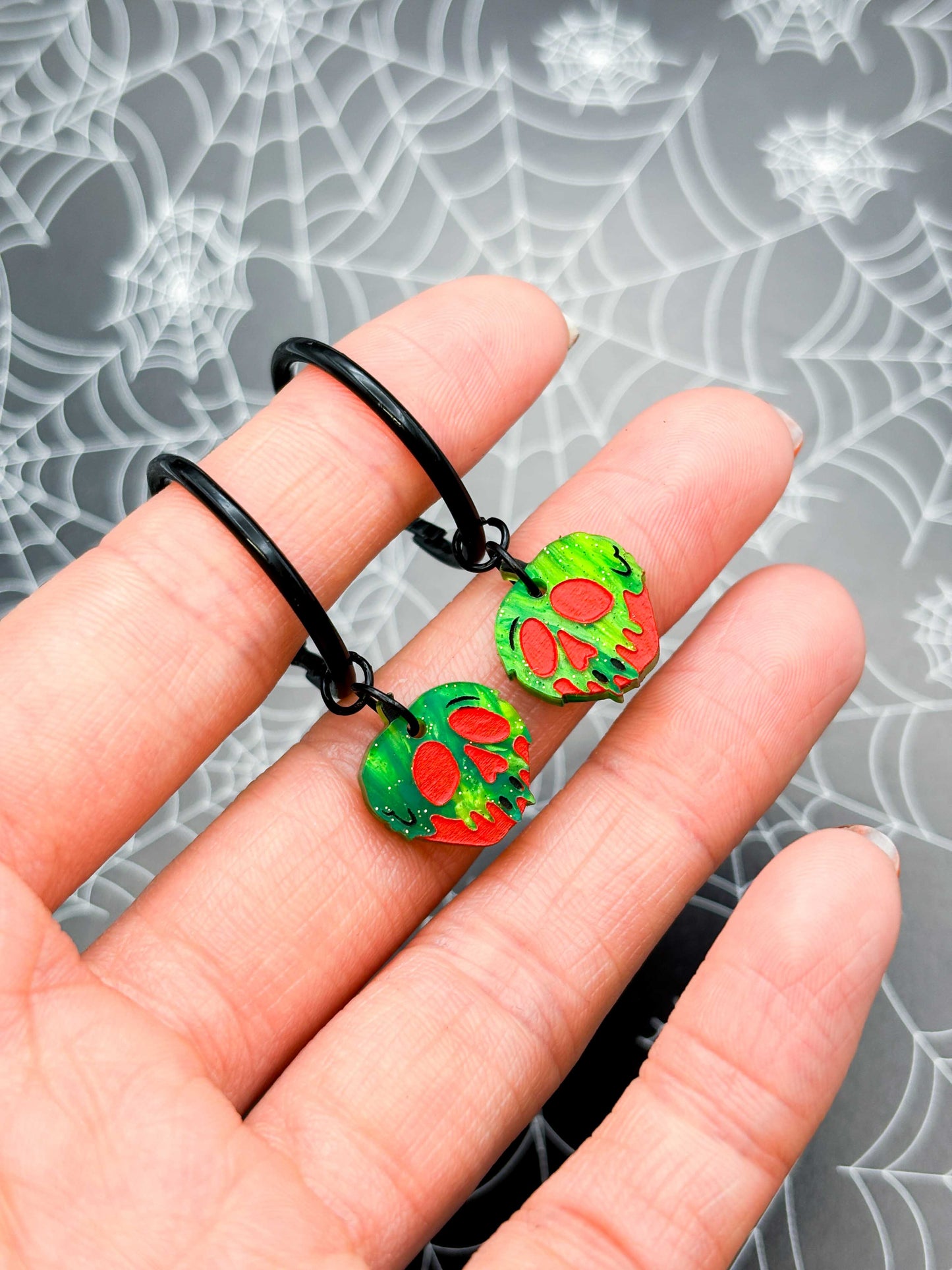 Small Red and Green Glitter Marble Acrylic Poison Apple Dangle Earrings