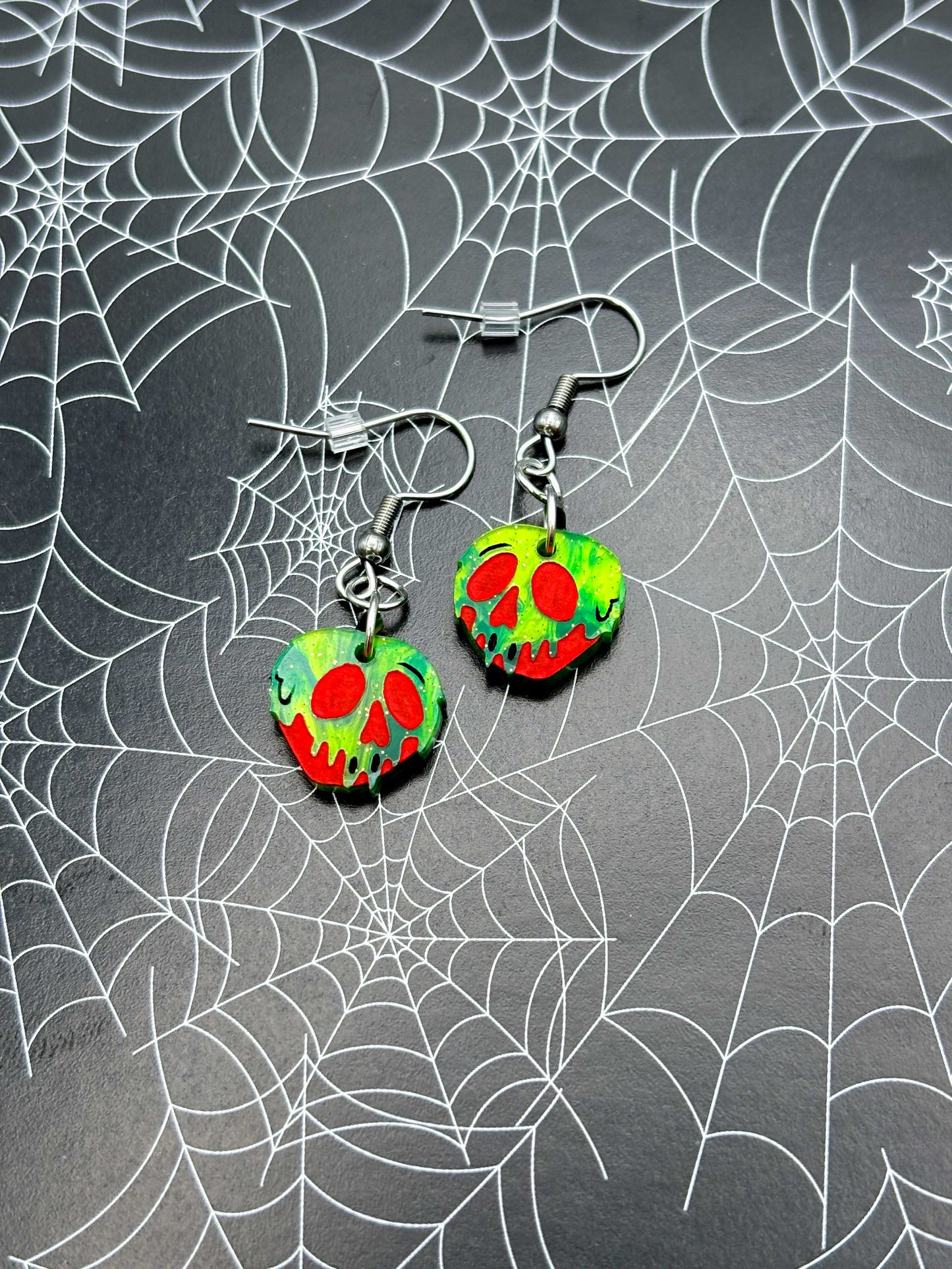 Small Red and Green Glitter Marble Acrylic Poison Apple Dangle Earrings