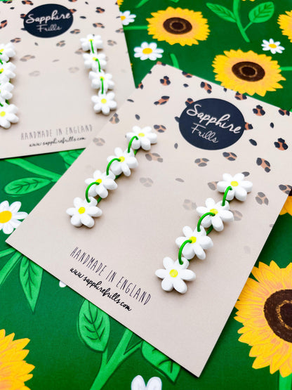White Gloss Acrylic Daisy Chain Dangle Earrings – Hypoallergenic Stainless Steel