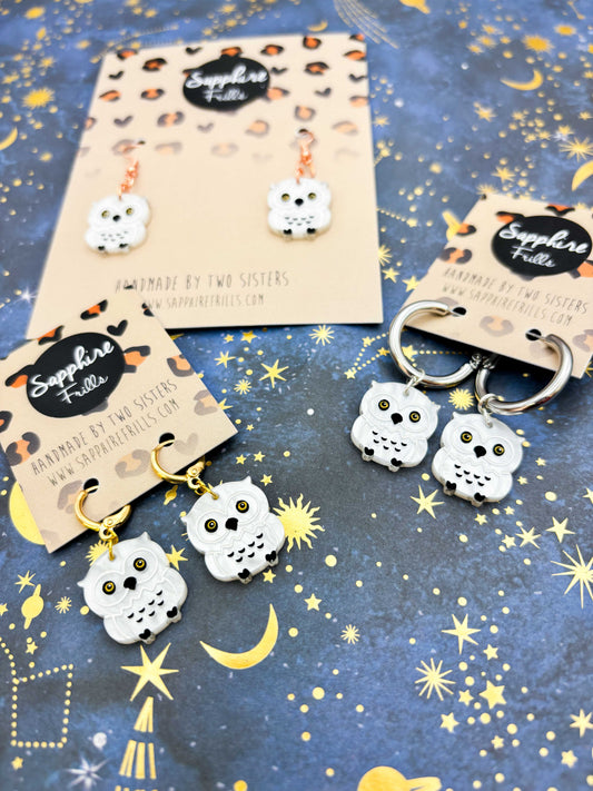 Medium White Marble Acrylic Snowy Owl Dangle Earrings or Necklace – Hypoallergenic Stainless Steel