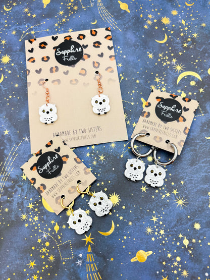 Medium White Marble Acrylic Snowy Owl Dangle Earrings or Necklace – Hypoallergenic Stainless Steel