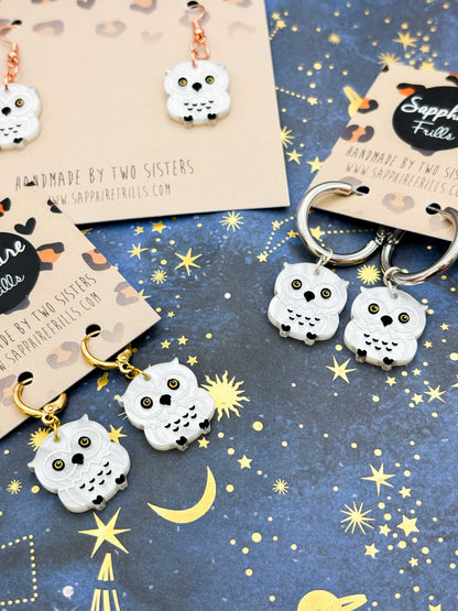 Medium White Marble Acrylic Snowy Owl Dangle Earrings or Necklace – Hypoallergenic Stainless Steel