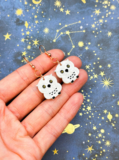 Medium White Marble Acrylic Snowy Owl Dangle Earrings or Necklace – Hypoallergenic Stainless Steel