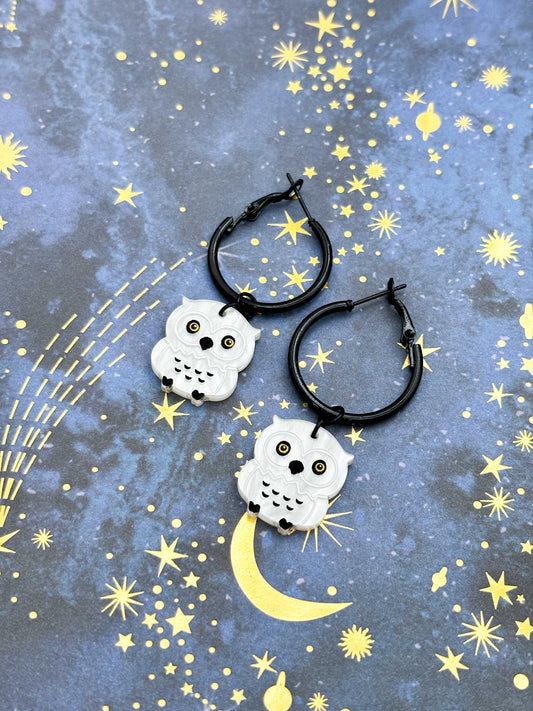 Medium White Marble Acrylic Snowy Owl Dangle Earrings or Necklace – Hypoallergenic Stainless Steel