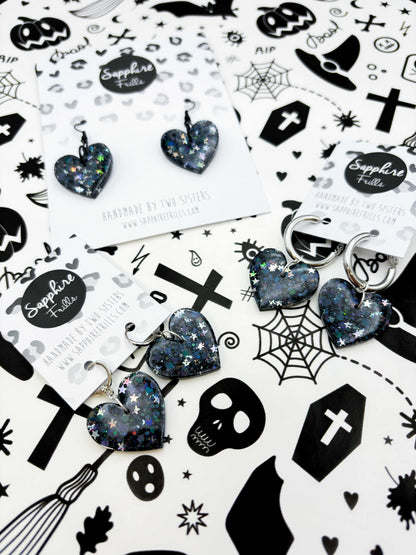 Large Holographic Black and Silver Star Glitter Resin Heart Earrings or Necklace – Hypoallergenic Stainless Steel