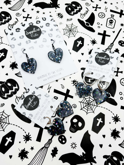 Large Holographic Black and Silver Star Glitter Resin Heart Earrings or Necklace – Hypoallergenic Stainless Steel