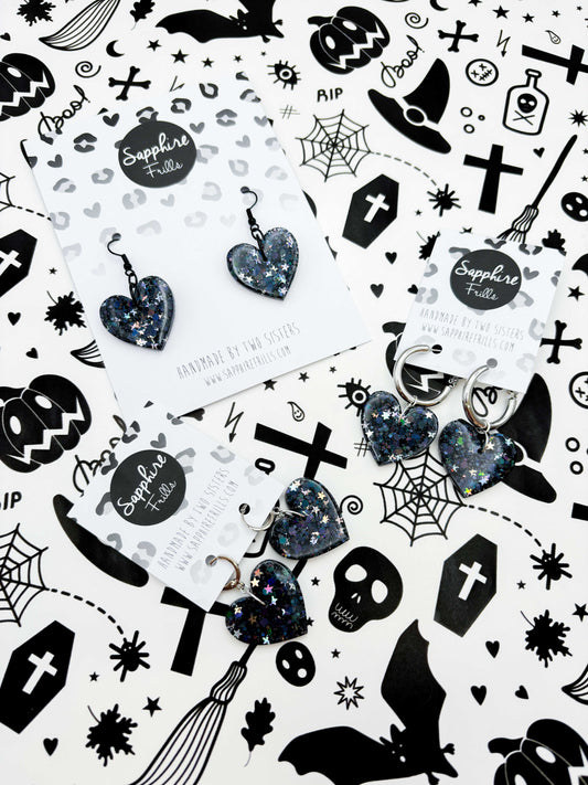 Large Holographic Black and Silver Star Glitter Resin Heart Earrings or Necklace – Hypoallergenic Stainless Steel