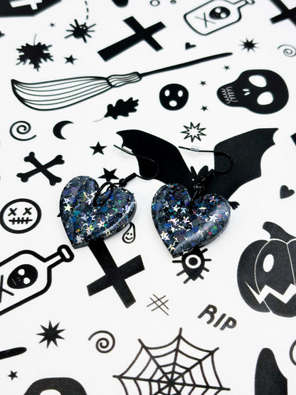 Large Holographic Black and Silver Star Glitter Resin Heart Earrings or Necklace – Hypoallergenic Stainless Steel