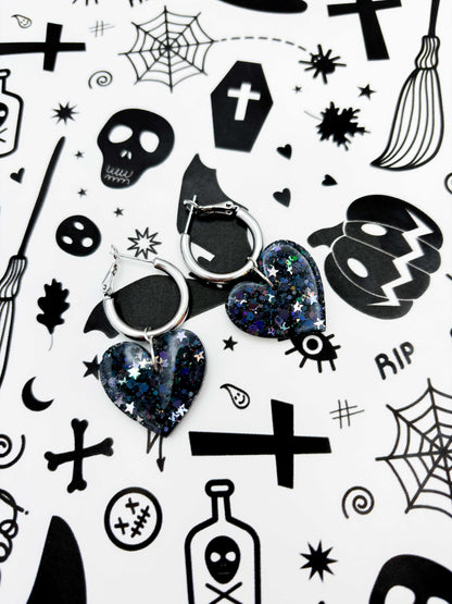 Large Holographic Black and Silver Star Glitter Resin Heart Earrings or Necklace – Hypoallergenic Stainless Steel