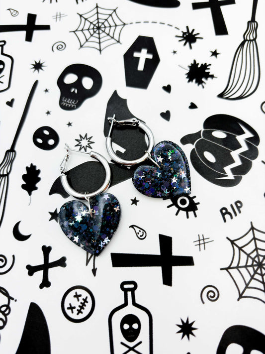 Large Holographic Black and Silver Star Glitter Resin Heart Earrings or Necklace – Hypoallergenic Stainless Steel