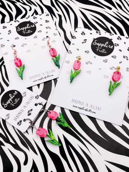 Hot Pink and Green Glitter Marble Acrylic Tulip Dangle Earrings or Necklace – Hypoallergenic Stainless Steel