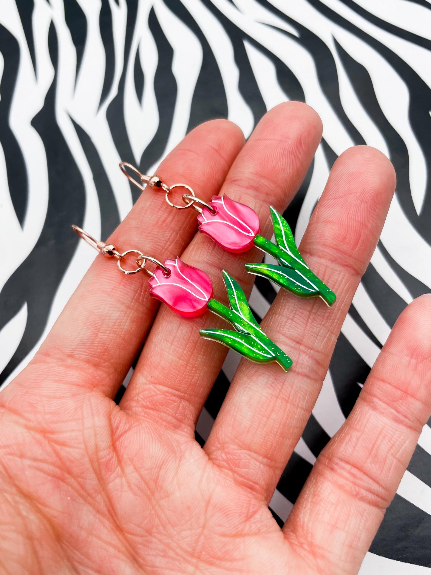 Large Hot Pink and Green Glitter Marble Acrylic Tulip Dangle Earrings