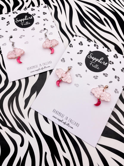 April Pink Moon and Cloud Dangle Earrings or Necklace – Hypoallergenic Stainless Steel