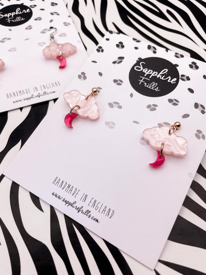 April Pink Moon and Cloud Dangle Earrings or Necklace – Hypoallergenic Stainless Steel