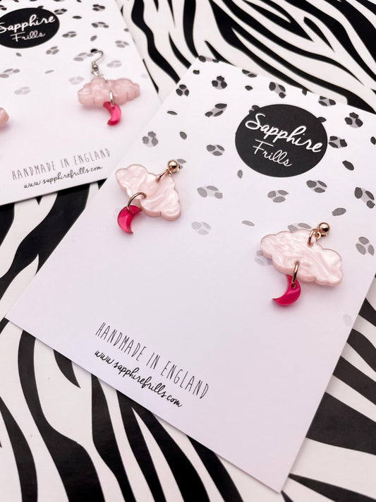 April Pink Moon and Cloud Dangle Earrings or Necklace – Hypoallergenic Stainless Steel