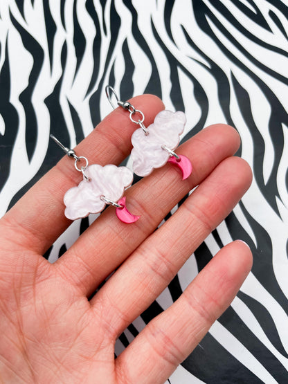 April Pink Moon and Cloud Dangle Earrings or Necklace – Hypoallergenic Stainless Steel
