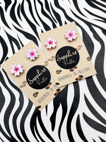 Small Baby Pink Glitter Marble Cherry Blossom Stud Earrings – Hypoallergenic Stainless Steel