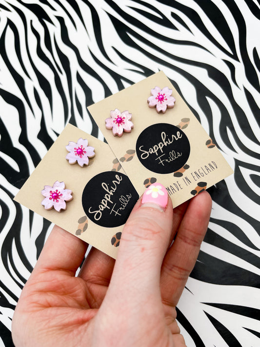Small Baby Pink Glitter Marble Cherry Blossom Stud Earrings – Hypoallergenic Stainless Steel