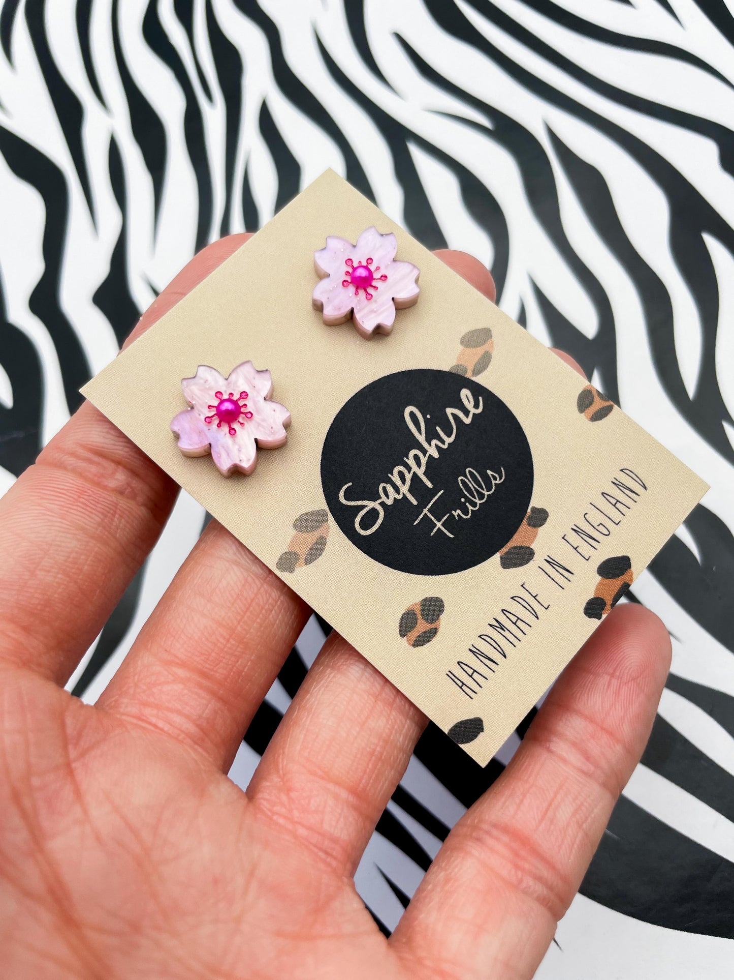 Small Baby Pink Glitter Marble Cherry Blossom Stud Earrings
