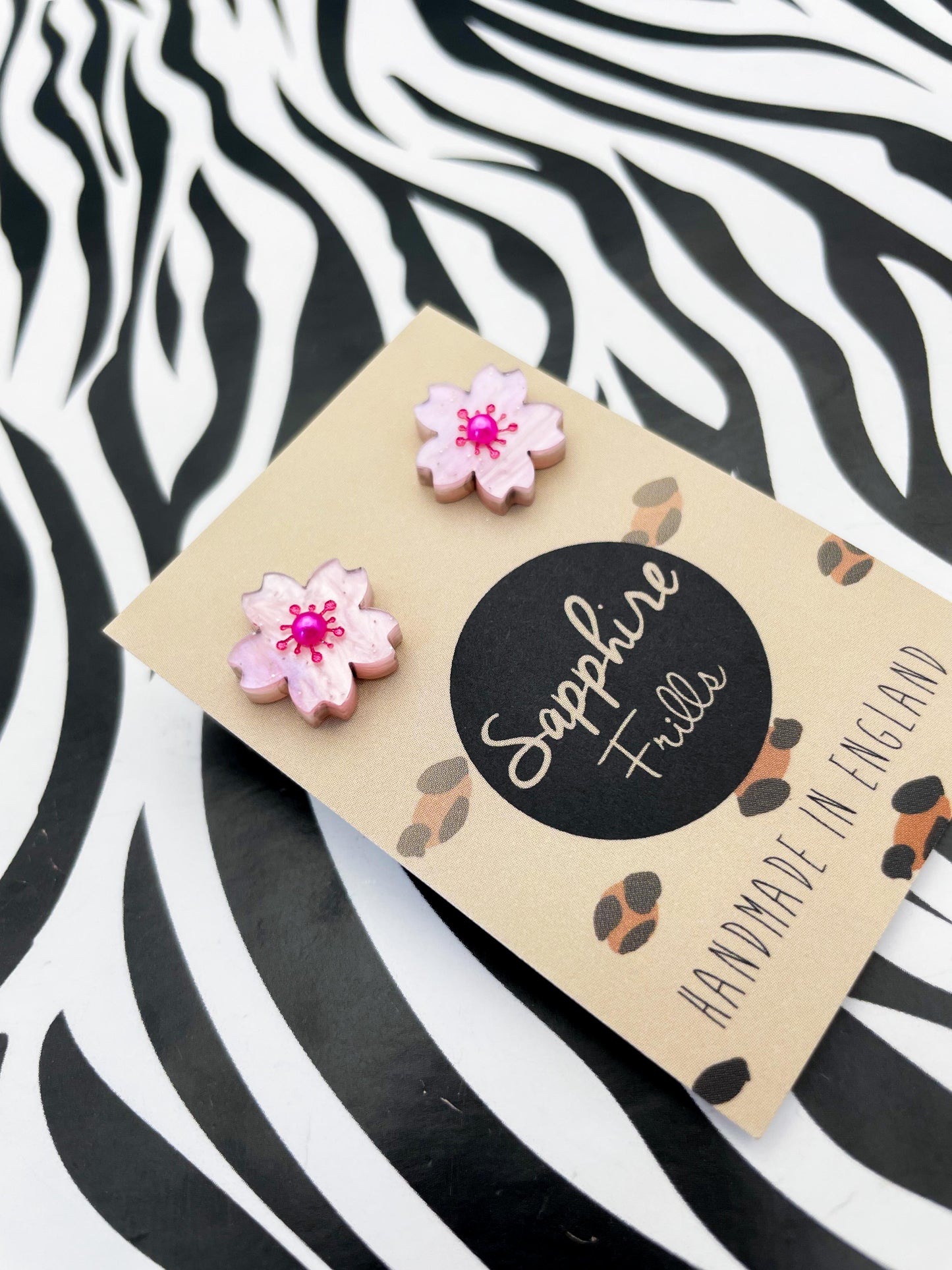Small Baby Pink Glitter Marble Cherry Blossom Stud Earrings