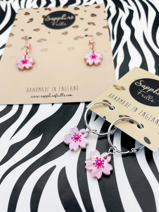 Small Baby Pink Glitter Marble Cherry Blossom Dangle Earrings or Necklace – Hypoallergenic Stainless Steel
