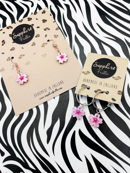 Small Baby Pink Glitter Marble Cherry Blossom Dangle Earrings or Necklace – Hypoallergenic Stainless Steel