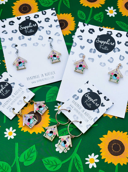 Medium Spring Flower Bird House Dangle Earrings or Necklace – Hypoallergenic Stainless Steel