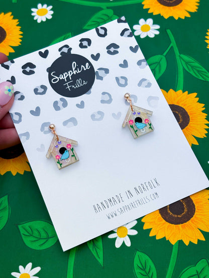 Medium Spring Flower Bird House Dangle Earrings or Necklace – Hypoallergenic Stainless Steel