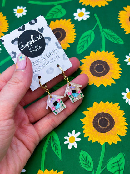 Medium Spring Flower Bird House Dangle Earrings or Necklace – Hypoallergenic Stainless Steel