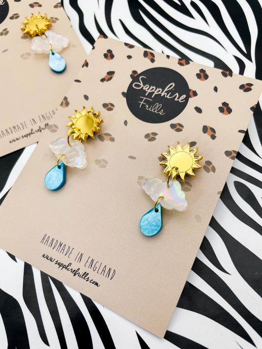 Gold Mirror, Iridescent Rainbow Pearl and Blue Marble Acrylic Sun, Cloud and Raindrop Dangle Earrings – Hypoallergenic Stainless Steel