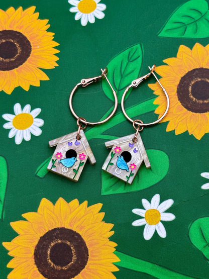 Medium Spring Flower Bird House Dangle Earrings or Necklace – Hypoallergenic Stainless Steel
