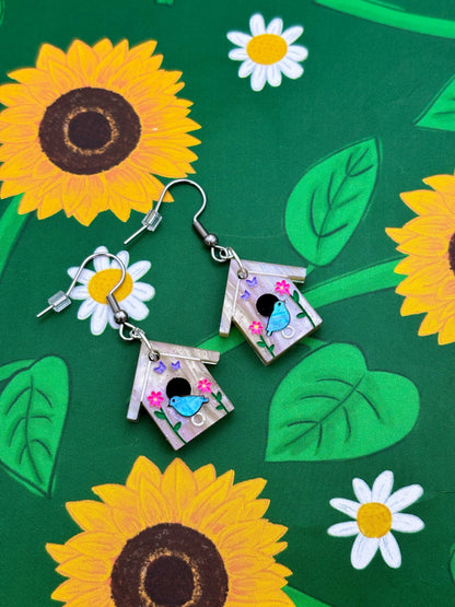 Medium Spring Flower Bird House Dangle Earrings or Necklace – Hypoallergenic Stainless Steel