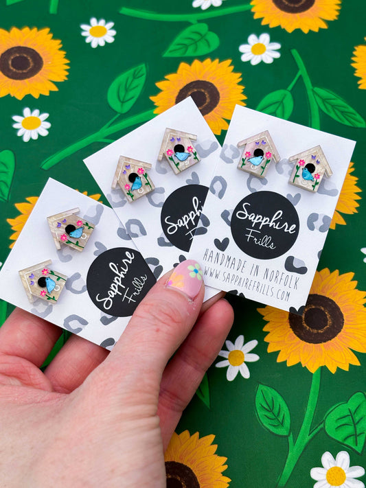 Mini Spring Flower Bird House Acrylic Stud Earrings – Hypoallergenic Stainless Steel
