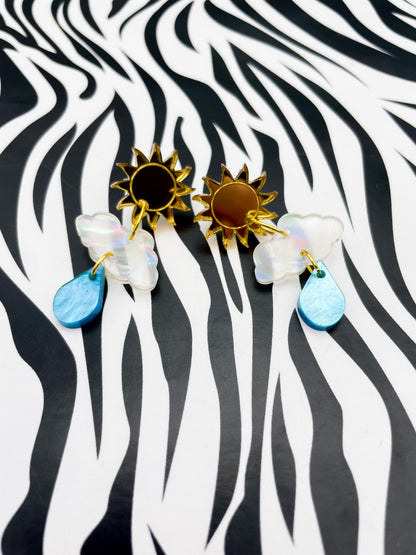 Gold Mirror, Iridescent Rainbow Pearl and Blue Marble Acrylic Sun, Cloud and Raindrop Dangle Earrings – Hypoallergenic Stainless Steel