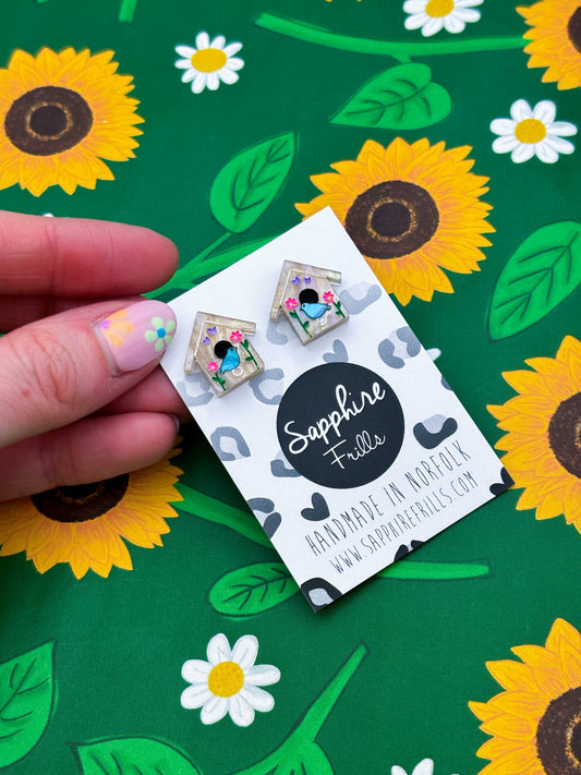 Mini Spring Flower Bird House Acrylic Stud Earrings – Hypoallergenic Stainless Steel