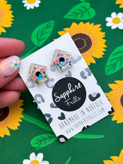 Mini Spring Flower Bird House Acrylic Stud Earrings – Hypoallergenic Stainless Steel