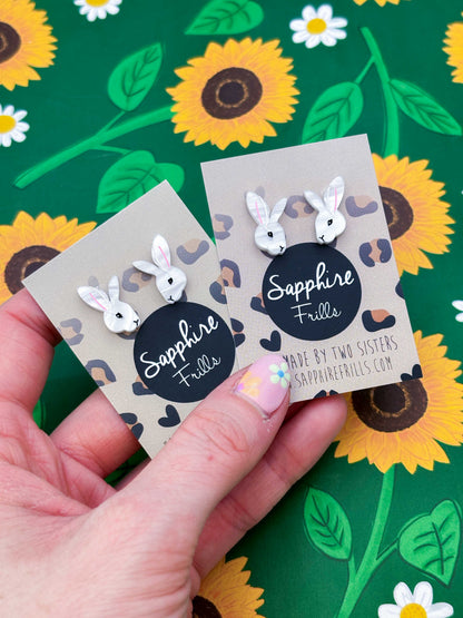 Small White Marble Bunny Rabbit Stud Earrings – Hypoallergenic Stainless Steel