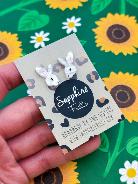 Small White Marble Bunny Rabbit Stud Earrings – Hypoallergenic Stainless Steel