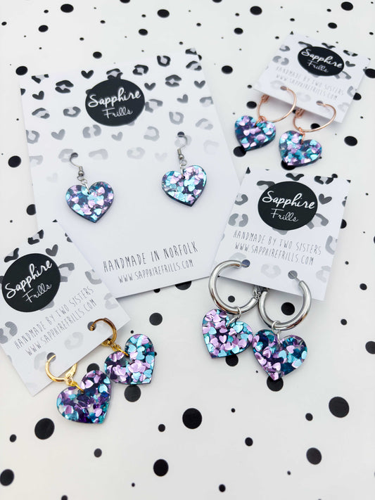 Medium Blue and Lilac Sequin Acrylic Heart Dangle Earrings or Necklace – Hypoallergenic Stainless Steel