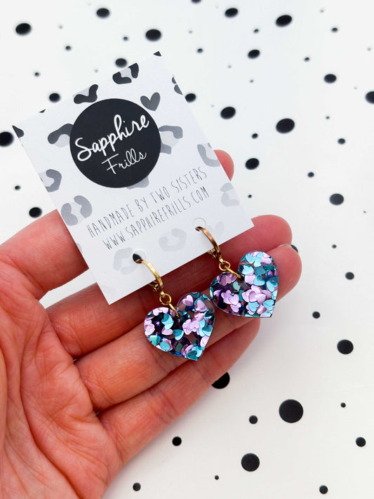 Medium Blue and Lilac Sequin Acrylic Heart Dangle Earrings or Necklace – Hypoallergenic Stainless Steel