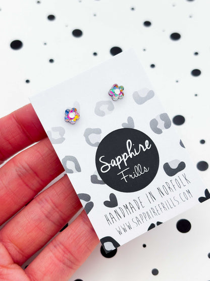 Micro Rainbow Confetti Acrylic Flower Stud Earrings – Hypoallergenic Stainless Steel