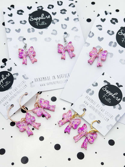 Medium Pink Holographic Confetti Short Bow Dangle Earrings or Necklace – Hypoallergenic Stainless Steel