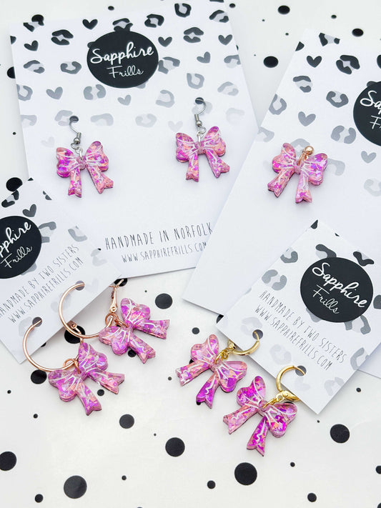 Medium Pink Holographic Confetti Short Bow Dangle Earrings or Necklace – Hypoallergenic Stainless Steel
