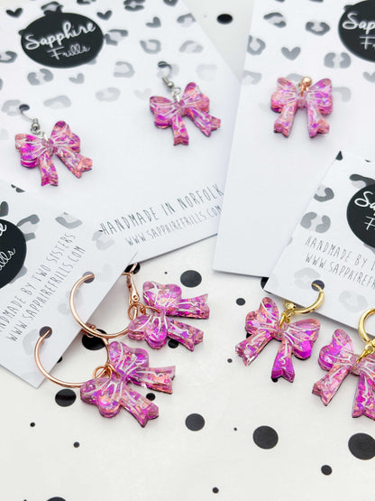 Medium Pink Holographic Confetti Short Bow Dangle Earrings or Necklace – Hypoallergenic Stainless Steel