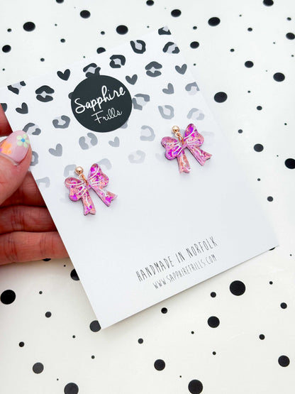 Medium Pink Holographic Confetti Short Bow Dangle Earrings or Necklace – Hypoallergenic Stainless Steel