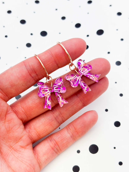 Medium Pink Holographic Confetti Short Bow Dangle Earrings or Necklace – Hypoallergenic Stainless Steel