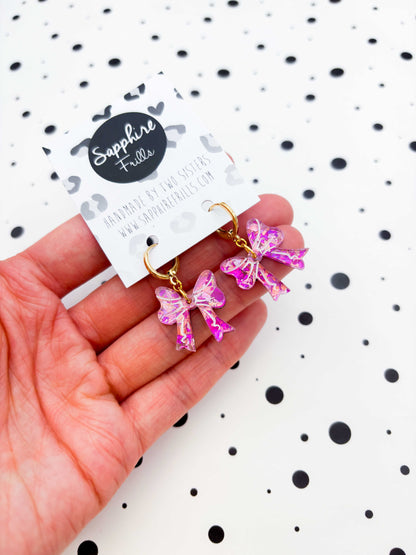 Medium Pink Holographic Confetti Short Bow Dangle Earrings or Necklace – Hypoallergenic Stainless Steel