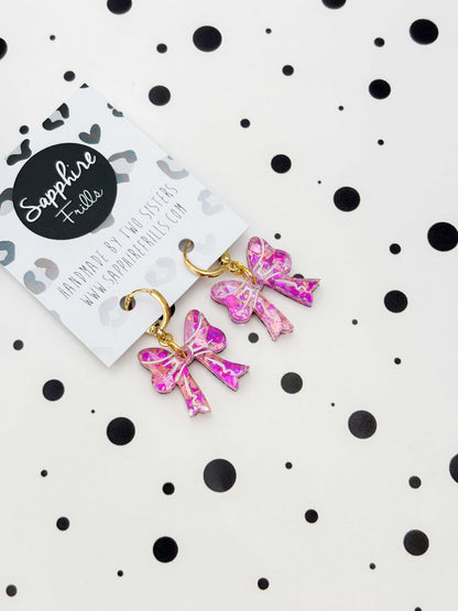 Medium Pink Holographic Confetti Short Bow Dangle Earrings or Necklace – Hypoallergenic Stainless Steel