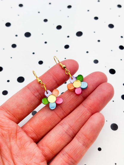 Small Pastel Rainbow Petal Flower Dangle Earrings or Necklace – Hypoallergenic Stainless Steel